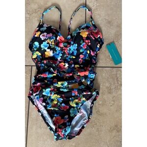 AquaGreen One Piece Swimsuit Women Medium M Floral UPF 50 Ring Back NEW